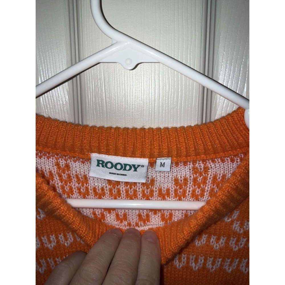 ROODY Mens Orange Teal Christmas Winter Sweater Crewneck Pullover Hearts Checks